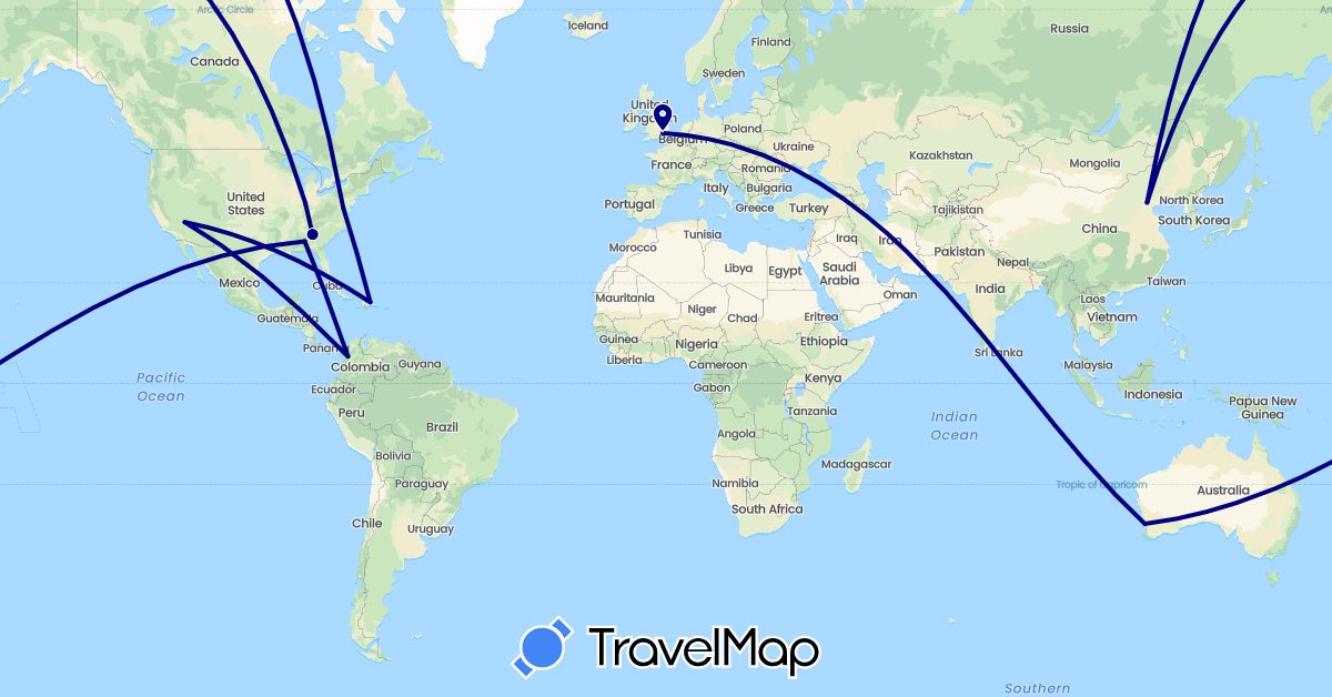 TravelMap itinerary: driving in Australia, China, Colombia, Dominican Republic, United Kingdom, United States (Asia, Europe, North America, Oceania, South America)